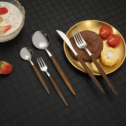Set De Cubiertos 20 Piezas Acero Inoxidable Y Madera Silver