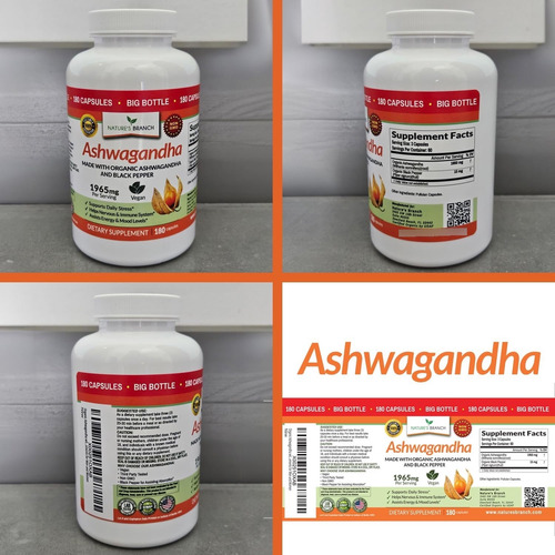 Natures Branch Suplemento Ashwagandha Orgánica Con Pimienta Sin Sabor