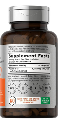 Vitamina B12 Sublingual 5000mcg 120 Tab Horbaach