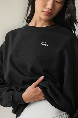 Alo Yoga Remera Ccolade Crew Neck Pullover Suéter De French Negro French Terry Con Textura Lisa Por Fuera Y Afelpada Por Dentro M - 34