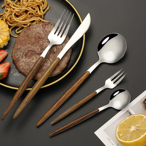 Set De Cubiertos 20 Piezas Acero Inoxidable Y Madera Silver