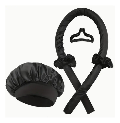 Kit Gorro Saten + Banda Rizadora + Scrunchies Rulos Curly Negro Satén