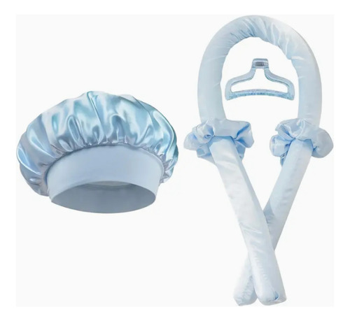 Kit Gorro Saten + Banda Rizadora + Scrunchies Rulos Curly Celeste Satén