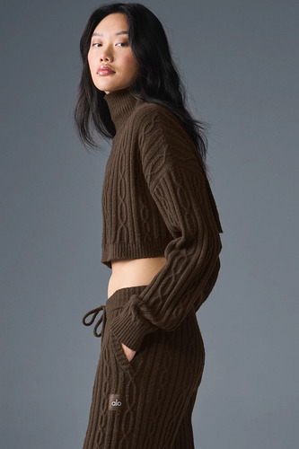 Alo Yoga Buzo Cable Knit Suéter Tejido De Corte Cropped S - 4 Marrón Oscuro Cropped Winter