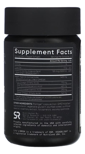 Vegan Omega 3 + Vitamin D3 60 Cap Sports Research Sin Sabor