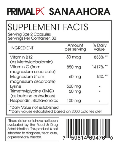 Primal Fx I Vitamina C + Active B I 60 Capsules I Dr Ludwig