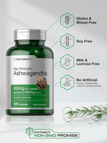 Horbäach Ashwagandha Max Strength 450 Mg Suplemento Herbal Sin Sabor