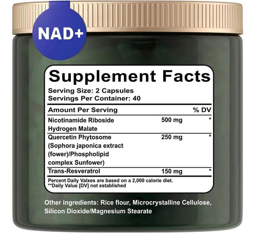 Nad + Nicotinamide Riboside 500mg Resveratrol Reus Research 80 Capsulas