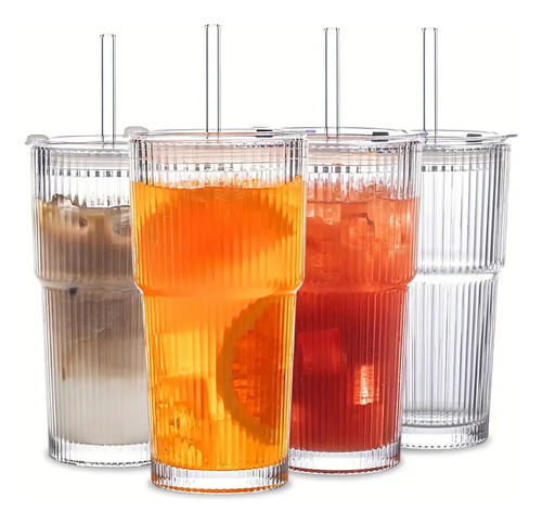 Pack De 2 Vaso De Vidrio Vintage De 20oz Con Tapa Y Sorbete Transparente