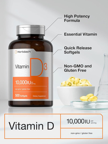 Horbäach Suplemento Vitamina D3 500 Cápsulas Blandas Sin Sabor
