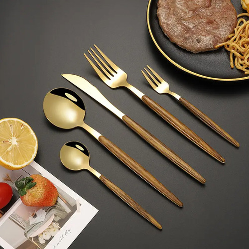Set De Cubiertos 20 Piezas Acero Inoxidable Y Madera Gold