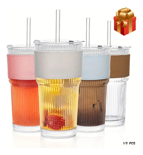 Pack De 2 Vaso De Vidrio Vintage De 20oz Con Tapa Y Sorbete Transparente
