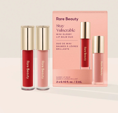 Rare Beauty Stay Vulnerable Mini Glossy - Bálsamos Labiales Nearly Petal Rosa Pálido Suave Y Nearly Scarlet Rojo