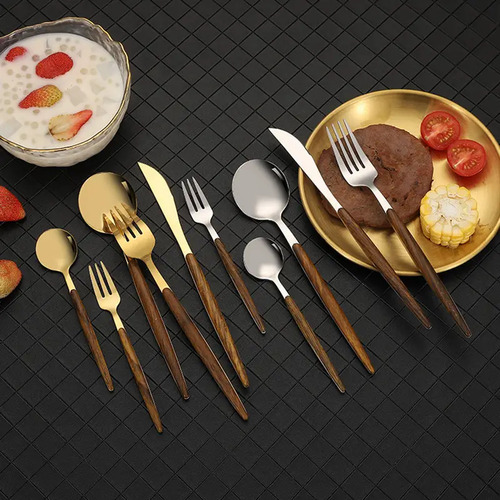 Set De Cubiertos 20 Piezas Acero Inoxidable Y Madera Silver