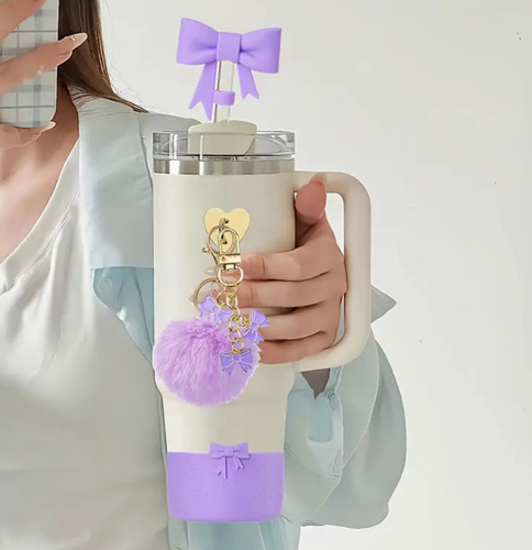 6pcs Accesorios Para Stanley Adorno Con Pajita Con Lazo Cup Violeta