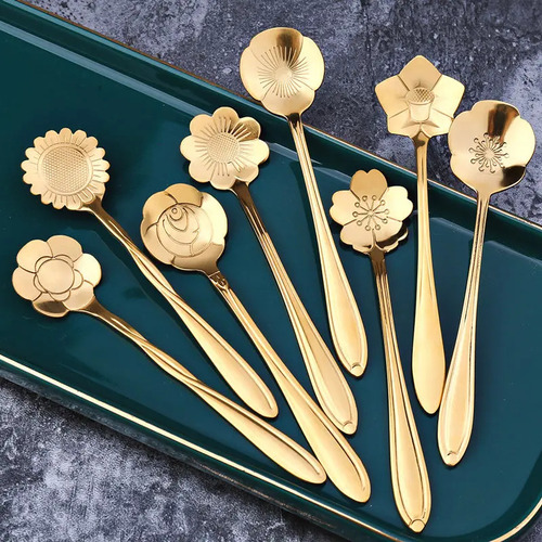 Set X8 Cucharitas Doradas Florales En Acero Inoxidable Gold