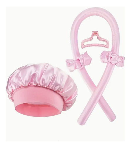 Kit Gorro Saten + Banda Rizadora + Scrunchies Rulos Curly Rosado Satén