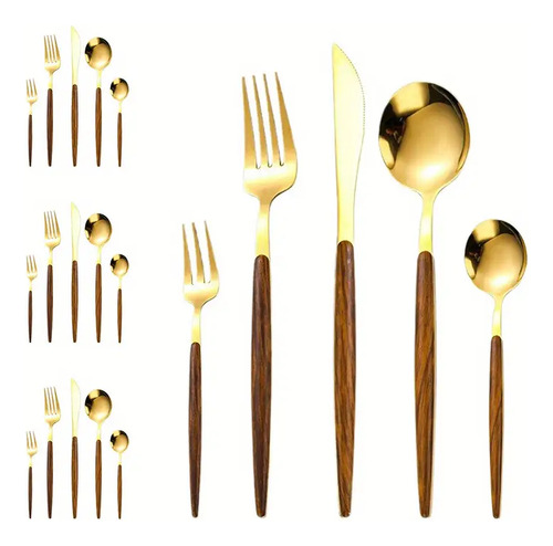 Set De Cubiertos 20 Piezas Acero Inoxidable Y Madera Gold