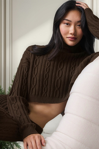 Alo Yoga Buzo Cable Knit Suéter Tejido De Corte Cropped S - 4 Marrón Oscuro Cropped Winter