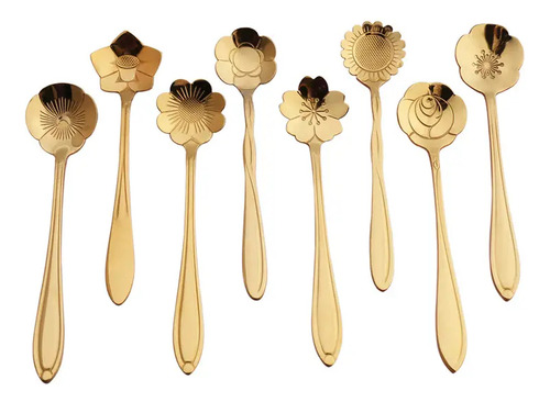 Set X8 Cucharitas Doradas Florales En Acero Inoxidable Gold