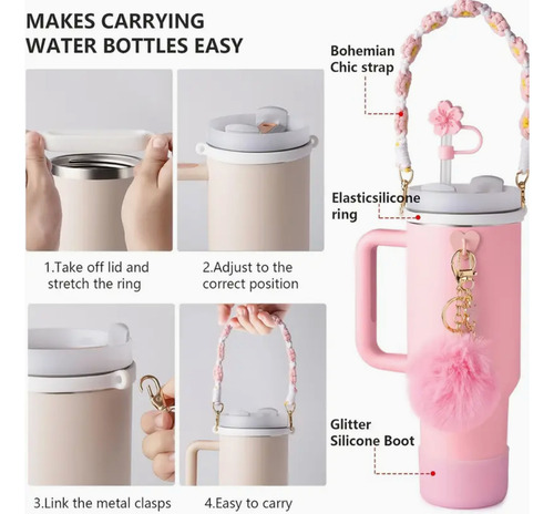Accesorios Siliconapara Vasos Stanley Llaveros Rosa Brillos Rosa Con Brillos