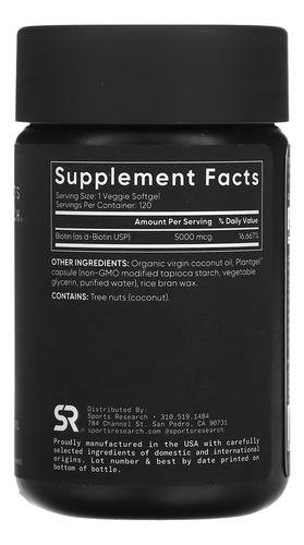Biotina Extra 5.000mcg 120 Cap Sports Research Sin Sabor