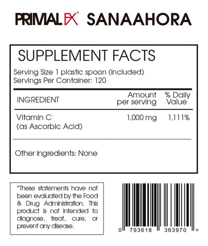 Primal Fx I Vit C I 1000mg I 250gr I 120 Serving I Dr Ludwig