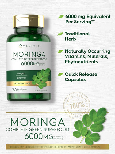 Carlyle Moringa Oleifera 6000mg 180 Capsulas Sin Sabor
