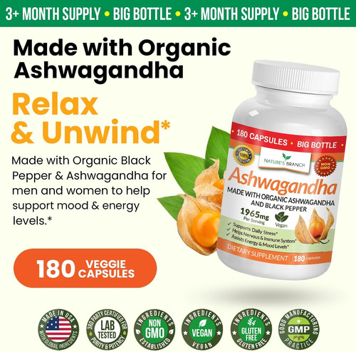Natures Branch Suplemento Ashwagandha Orgánica Con Pimienta Sin Sabor