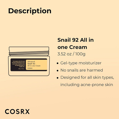 Cosrx Crema Reparadora Facial Con Baba De Caracol 92% | 100 Sensible Día/noche