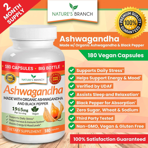 Natures Branch Suplemento Ashwagandha Orgánica Con Pimienta Sin Sabor