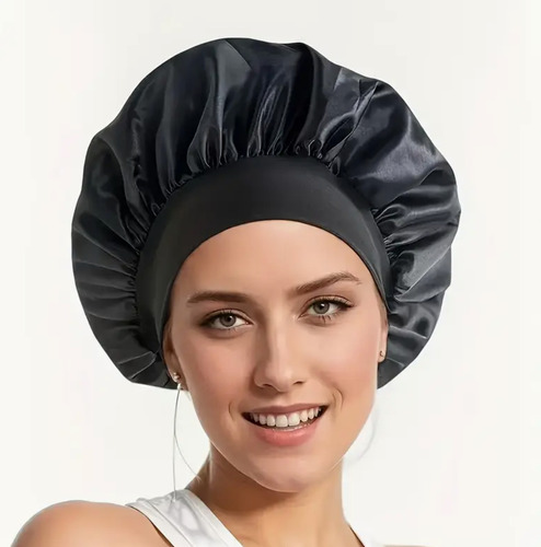 Kit Gorro Saten + Banda Rizadora + Scrunchies Rulos Curly Negro Satén