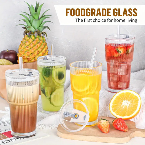 Pack De 2 Vaso De Vidrio Vintage De 20oz Con Tapa Y Sorbete Transparente