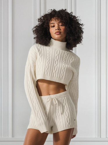 Alo Yoga Buzo Cable Knit Suéter Tejido De Corte Cropped S - 4 Blanco Cropped Winter