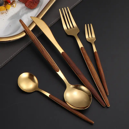 Set De Cubiertos 20 Piezas Acero Inoxidable Y Madera Gold