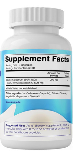 Suplemento De Calostro Bovino De 1000 Mg 50% Igg Más Alto Sabor Sin Sabor