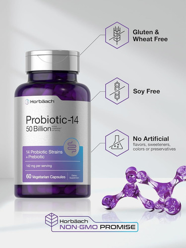 Horbäach Probiotic-14 50 Billion Salud Digestiva Avanzada Sin Sabor