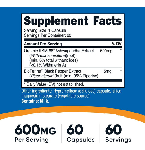 Nutricost Suplemento Herbal - Ksm-66 Ashwagandha 600 Mg Sin Sabor