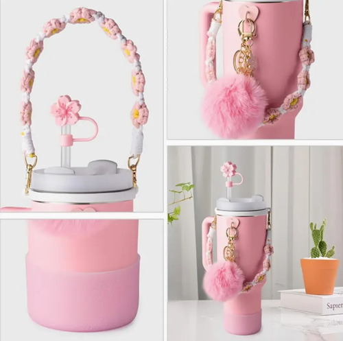 Accesorios Siliconapara Vasos Stanley Llaveros Rosa Brillos Rosa Con Brillos
