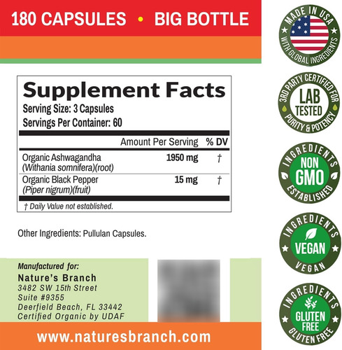 Natures Branch Suplemento Ashwagandha Orgánica Con Pimienta Sin Sabor
