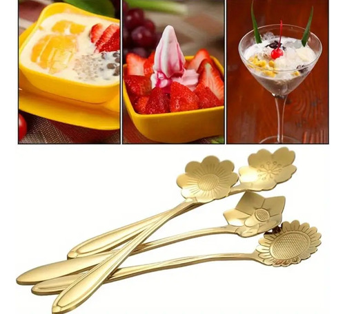 Set X8 Cucharitas Doradas Florales En Acero Inoxidable Gold