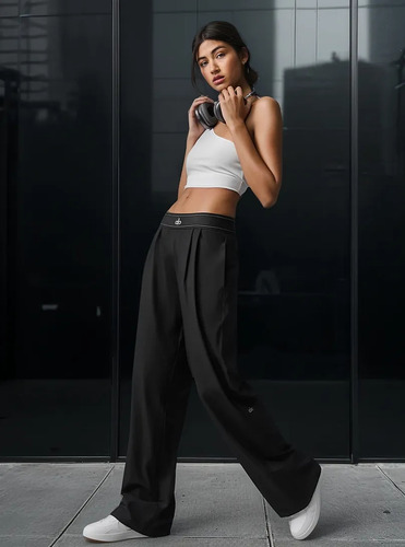 Alo Yoga Pantalon Suit Up Regular Tiro Medio Fit Holgado Negro Liso M - 8