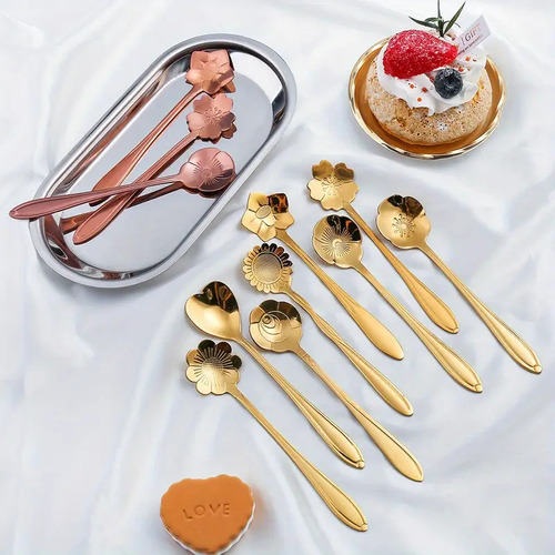 Set X8 Cucharitas Doradas Florales En Acero Inoxidable Gold