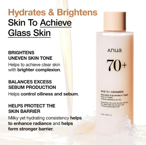 Anua Rice 70 Glow Milky Toner 250ml- Tónico Facial Momento De Aplicación Día/noche Tipo De Piel Todo Tipo De Piel
