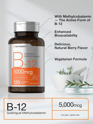 Horbäach Vitamina B12 Sublingual | 5000 Mcg | 120 Tabletas Bayas