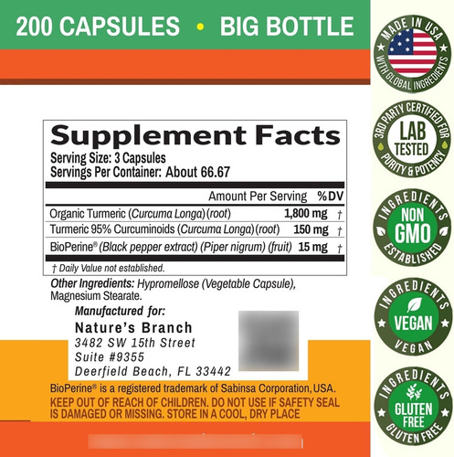 Natures Branch Suplemento Turmeric Curcumin Extracto Pimient Sin Sabor