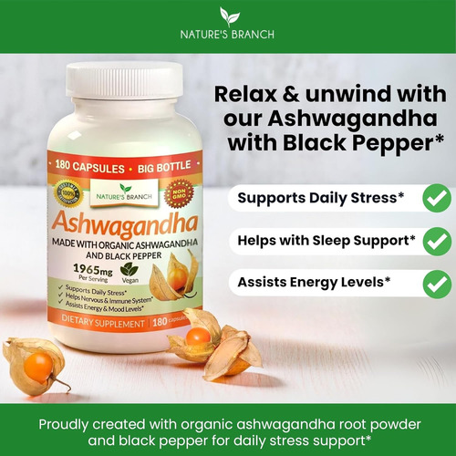 Natures Branch Suplemento Ashwagandha Orgánica Con Pimienta Sin Sabor