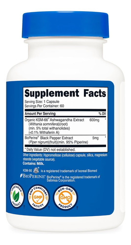 Nutricost Suplemento Herbal - Ksm-66 Ashwagandha 600 Mg Sin Sabor