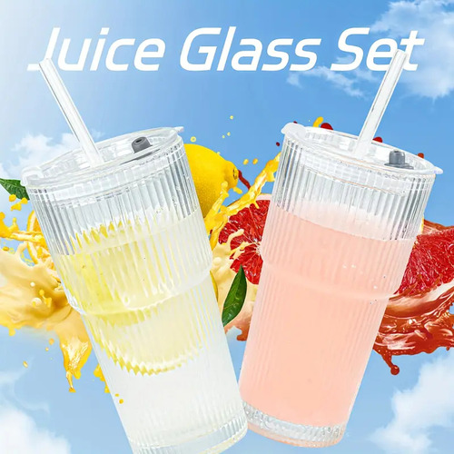 Pack De 2 Vaso De Vidrio Vintage De 20oz Con Tapa Y Sorbete Transparente
