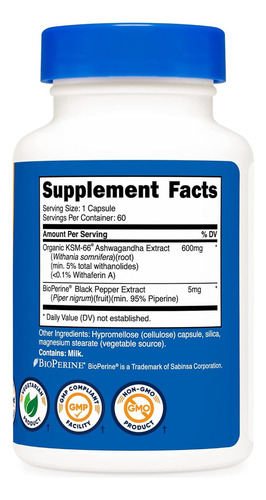 Nutricost Ksm 66 Ashwa Root Extract 600mg 60 Caps Sabor Sin Sabor